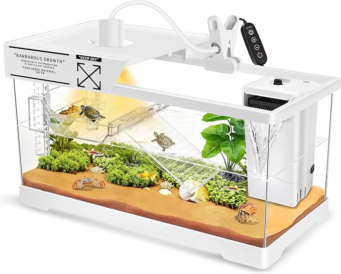 GOZILLA Aquatic Turtle Tank+Lamp+Filter Kit, Upgrade PC Turtle Tank Kit with Adjustable 360°Lamp & Filter,Reptile Habitat Lid,Hanging Platform for Small Reptiles.(19.68× 9.52× 9.44''/Large-White)