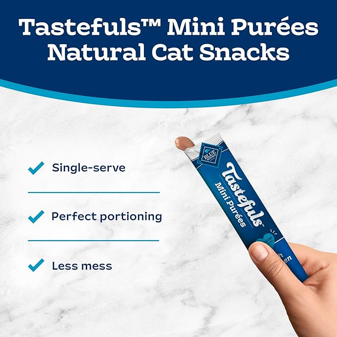 Blue Buffalo Tastefuls Mini Purées, Adult Cat Natural Single-Serving Snack, 4-Count Variety Pack Chicken and Tuna, 0.5 oz. (Pack of 1)