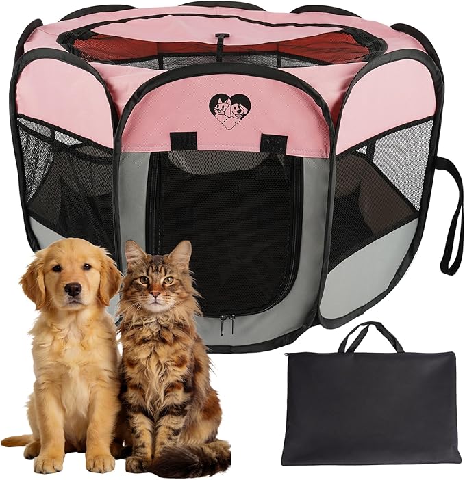 Dog Cat Playpen，Pet Cage - Indoor Outdoor, Portable Foldable Pop Up, Removable Zipper Top，Fits Dogs, Cats, Rabbits (Pink,M)