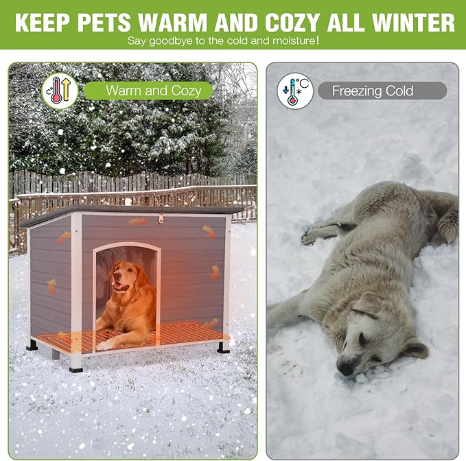 GUTINNEEN Extra Large Heated Dog House Outdoor XL Insulated Dog House Weatherproof Dog Kennel with Safe Heating Pad, Thermal Liner, Chew-Proof Metal Frame for Large Dogs, 43.3" L×29.4" D×33.4" H