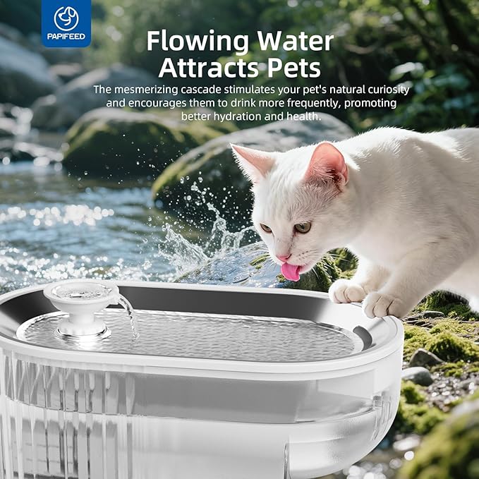 PAPIFEED Cat Water Fountain Stainless Steel, 84oz/2.5L Automatic Cat Water Fountain with Visible Water Level, Ultra Quiet Low Power Cat Water Bowl & Cat Water Dispenser (White)