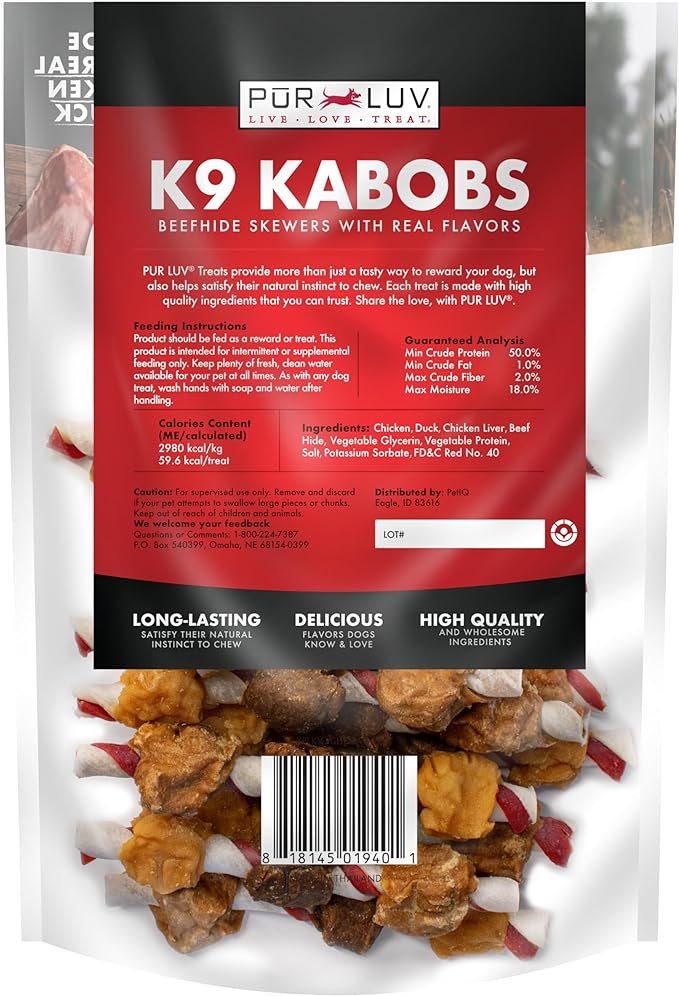 Pur Luv Dog Treats, K9 Kabobs Made with Real Chicken and Duck, 12 Ounces, Dog Snacks, Healthy, Easily Digestible, Long-Lasting, High Protein Treat, Satisfies Urge to Chew