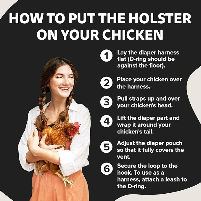 Hen Holster Wrap-Around Bird Diaper & Harness for Hens, Roosters, Ducks, Geese - with Removable Vinyl Liner, Adjustable Fit for Outdoor Adventures & Indoor Use - Easy to wear - Large, Black
