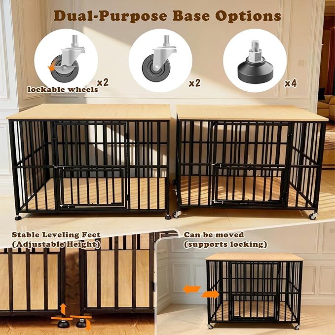 48" Dog Crate Furniture Foldable, Large Dog Kennel Furniture with Swing-Out Bowl & Dual Base Sets (Feet+Wheel), No Assembly Foldable Dog Crate Furniture, End Table for Large Dogs, Warm Gray