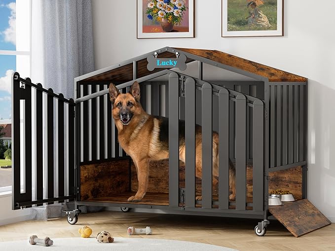 EasyCom 48“ XXL Heavy Duty Dog Crate Furniture with Wheels, Dog Crates for Large Dogs(Over 60lb), Extra-Wide Thick Steel Plates for Chew Resistance, with Feeding Window and Name Tag, Rustic Brown