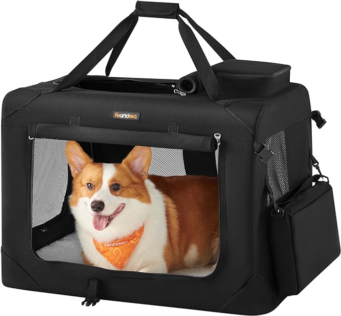 Feandrea 28 Inches Collapsible Soft Dog Crate, Portable Travel Dog Crate for Indoor and Outdoor Use, Dog Carrier Kennel with Safety Zippers, for Living Room, Car, Travelling, Black UPDC70H