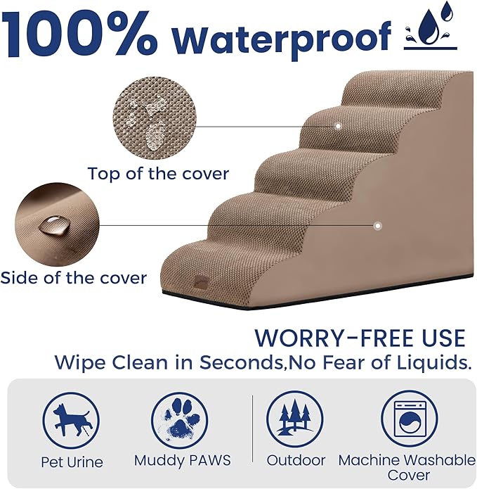 gogobunny Ramp Cat Dog Stairs for Beds, Cat Slope Stairs with Durable Waterproof Fabric Cover, Pet Steps for Old Large Dogs Climbing (Camel, 5-Step (33" D x 15.7" W x 22.6" H), 5.0)