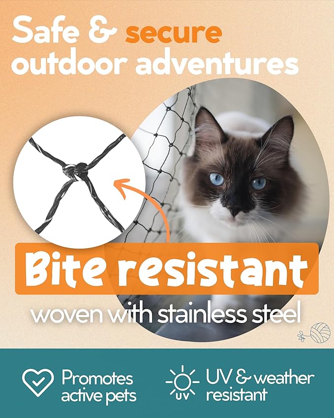 Steel Reinforced Cat Netting for Balcony - 10ft x 20ft - Cat Net for Catio – Safety Netting for Pets - Animal Proof Screen - Strong Pet Net – Kitten Balcony Protection - Barrier for Animals Fence