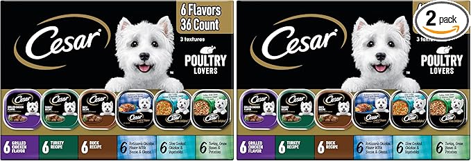 Cesar Classic Loaf in Sauce Adult Wet Dog Food Poultry Lovers Variety Pack with Real Chicken,Turkey or Duck,3.5 oz Easy Peel Trays,36 Count (Pack of 2)
