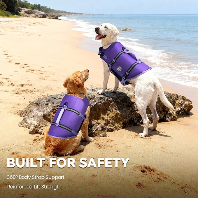 VIVAGLORY Rip Stop Dog Life Vest, Swimming Vest with Handle, Buoyancy for Doggy Puppy, Dog Life Jacket for Swimming & Boating, M, Purple