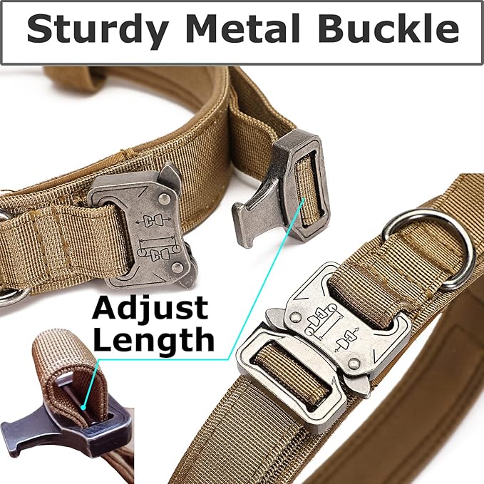 Dog Tactical Collar Military Dog Training Collar Control Handle and Heavy Metal Buckle for Medimum Large Dog Training Behavior Aids Brown M