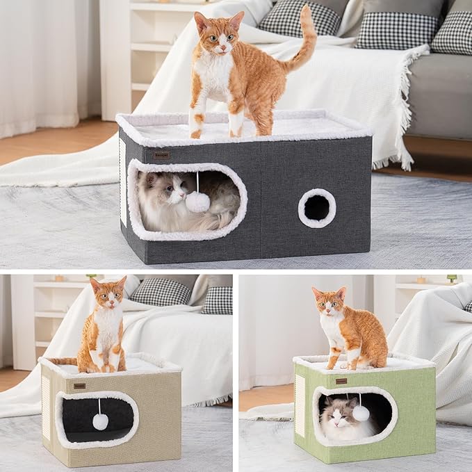 Cat Bed for Indoor Cats Cube House, Covered Cat Cave Beds & Furniture with Scratch Pad and Hideaway Tent, Cute Modern Cat Condo for Multi Small Pet Large Kitten Kitty, Large, Dark Grey