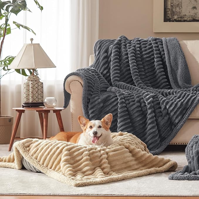 Waterproof Dog Blanket for Large Dogs, Washable Soft Puppy Cat Blanket Flannel Cotton Velour for Sofa Couch Protector, Comfort & Security Reversible Bed Protection for Pet, 60"X80", Khaki
