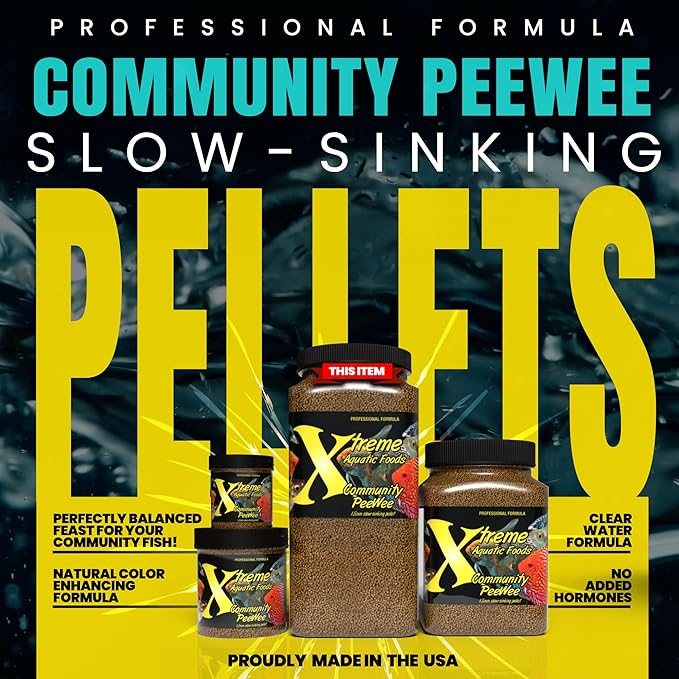 Xtreme Community Peewee 1.5mm Pellets: Slow Sinking & Ideal for Community Fish - Boosts Immune & Digestive Health, Enhances Color & Energy, Max Protein Fish Food – USA Farm Grown (72oz)