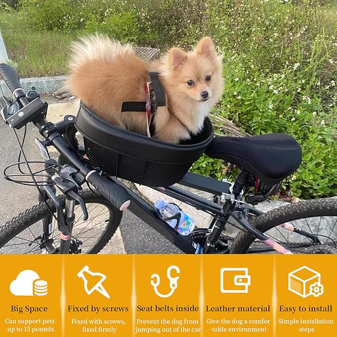 Dog Bike Basket, Adjustable Safety Strap Pet Bike Basket, Bike Dog Basket with Black Liner,for Up to 15lbs Small Dogs Cats Pets(Black)
