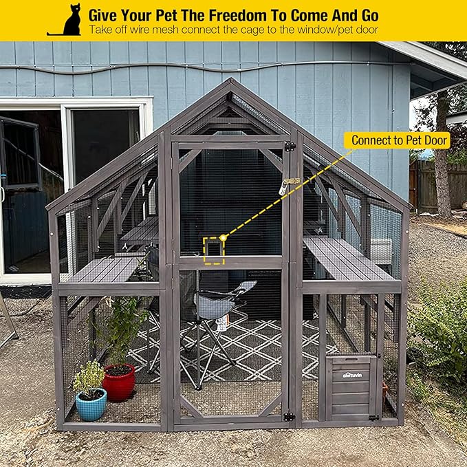 Aivituvin Catio Large Walk in Outdoor Cat Enclosure with Removable Back Door for Window and Pet Door Connection 110" D