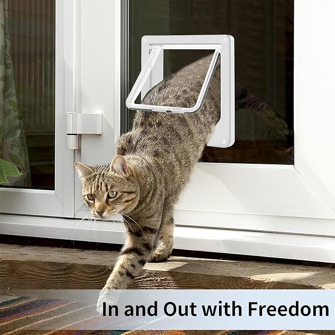 Cat Door for Interior Exterior Door (Outer Size 10.9" x 9.8"), 4-Way Locking Flap for Cats & Dogs(Circumference < 30"), Weatherproof Pet Door, White, ABS Material (XL)