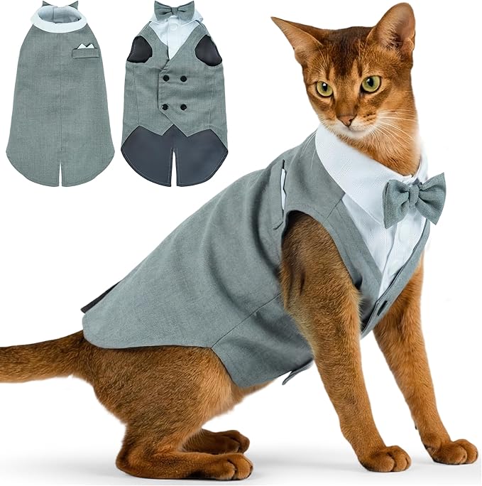 PUMYPOREITY Cat Tuxedo Suit Formal Wear with Bow Tie, Soft Skin-Friendly Cat Costumes for Cats Only, Elegant Outfit for Male Female Cats, Perfect for Wedding Birthday Photo Shoots, S, Grey