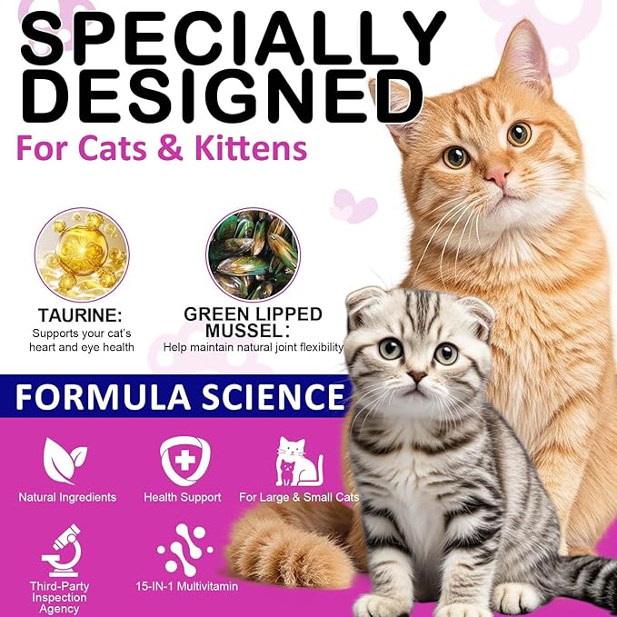 Cat Vitamins Treats, 15 in 1 Cat Multivitamin Chews Vitamins with Taurine, Omega-3s Fatty Acids, Prebiotics for Health, Bones, Joint, Skin & Coat, Digestion, Immune Support, (30 Day Supply)