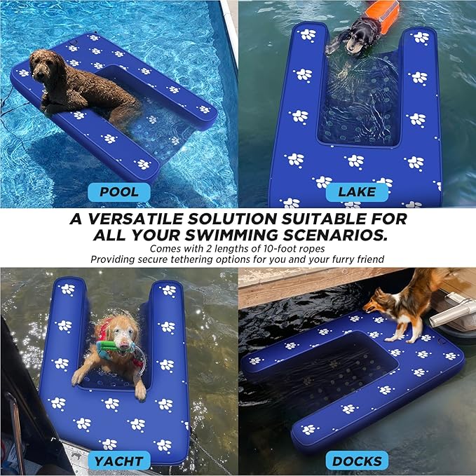 Inflatable Dock Platform with Electric Pump, Dog Boat Ramp Floating Non-Slip Oxford and PVC with Water Ramp for Dogs Pool, Dock, Lake with Traction Rope Dark Blue (4.7ft x 3ft x 6in)
