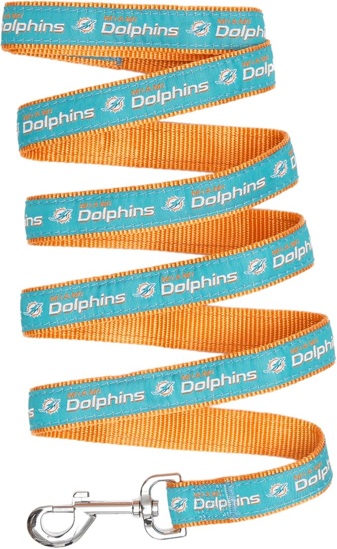 Pets First NFL Licensed Miami Dolphins Pet Leash, Size Small– Durable Satin Dog & Cat Walking Strap and Pet Tether with Embroidered Team Name & Logo