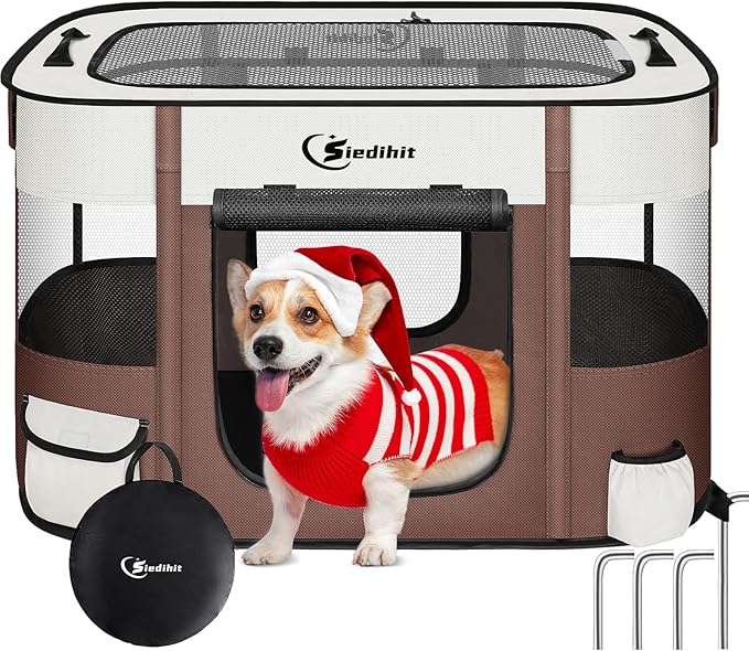 Dog Playpen,Cat Pet Puppy Pen,Portable Playpens for Dogs Indoor Outdoor Travel Camping Use,Foldable Dog Kennel Tent Crate for Rabbit Small Animals with Carrying Case (Brown, Large)