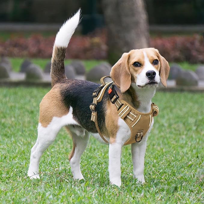 Timos Dog Harness Large Sized, No Pull Pet Harness with Neck Lockable Snap,No Choke Front Clip Dog Reflective Vest,Adjustable Metal Rings 3 Buckles,Easy Control Handle for Large Dogs Khaki L