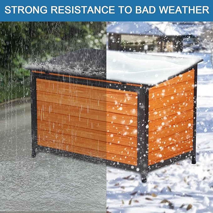 Insulated Dog House Outdoor Weatherproof 43.3" L Large Dog Kennel 6 Sides All-Round Foam Winter for Small Medium Large Dogs with Strong Metal Frame