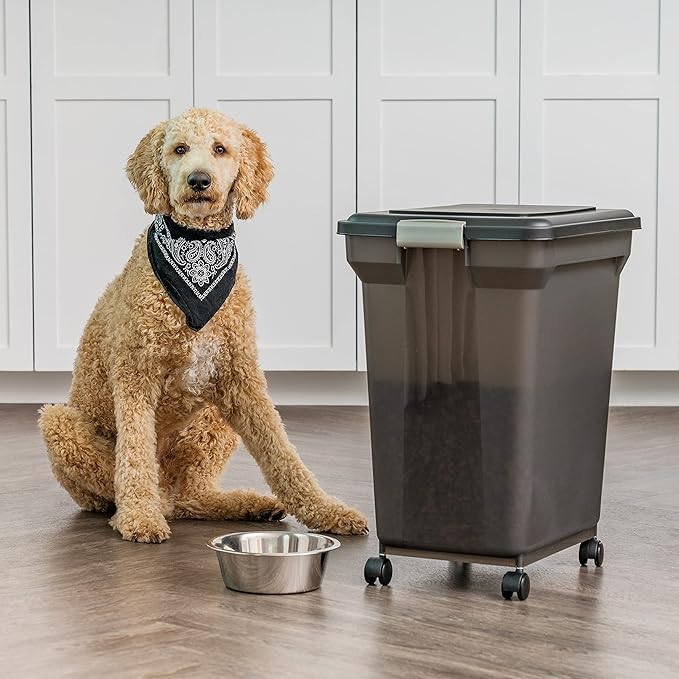 IRIS USA Dog Food Storage Container 58 lbs, Attachable Wheels, for Dog Cat Birds and other Pets, Food Storage Bin, Keep Fresh, Easy Mobility, BPA Free - Made in the USA, Black