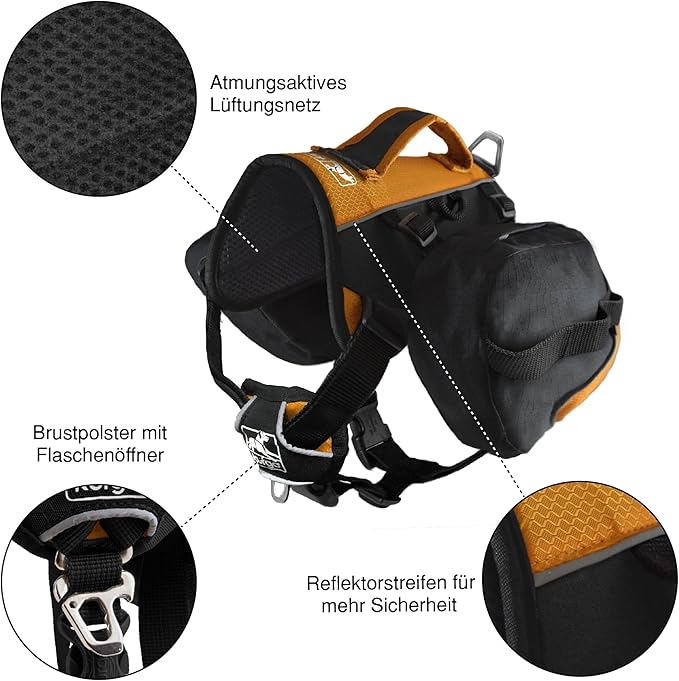 Kurgo Dog Saddlebag Backpack, Back Pack Dog Harness, Hiking Pack for Dogs, Packs for Pets to Wear, Camping & Travel Vest Harness, Reflective, Lightweight, Baxter Pack for Medium & Large Pets