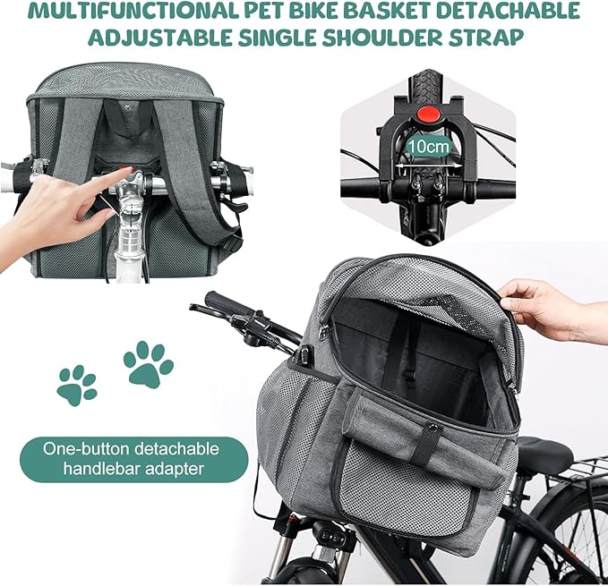 Dog Bike Basket, Soft-Sided Dog Bike Carrier Backpack, Cat Bicycle Basket, Multifunctional Pet Bike Basket Detachable Adjustable Single Shoulder Strap, Foldable Pet Travel Bag for Small Cats and Dogs
