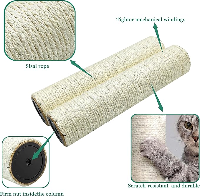 Cat Scratching Post Replacement Pole，2 PCS 11.81in Cat Tree Replacement Post，Natural Sisal Cat Tree Replacement Parts with M8 Screws，Cat Scratch Post Replacement for Refurbishment (11.8in/30cm)