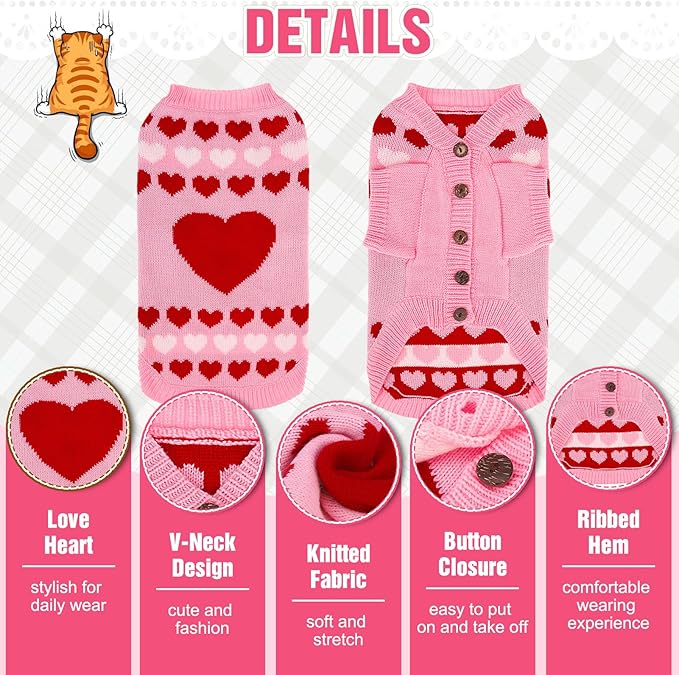 EXPAWLORER Cat Valentines Outfit Sweater Cardigan - Valentine's Day Knit Cat Clothes, Soft Puppy Sweater with Sleeve, Cute Warm Pet Clothing Knitwear, Kitten Coat for Girl Boy Cats, Love Heart M