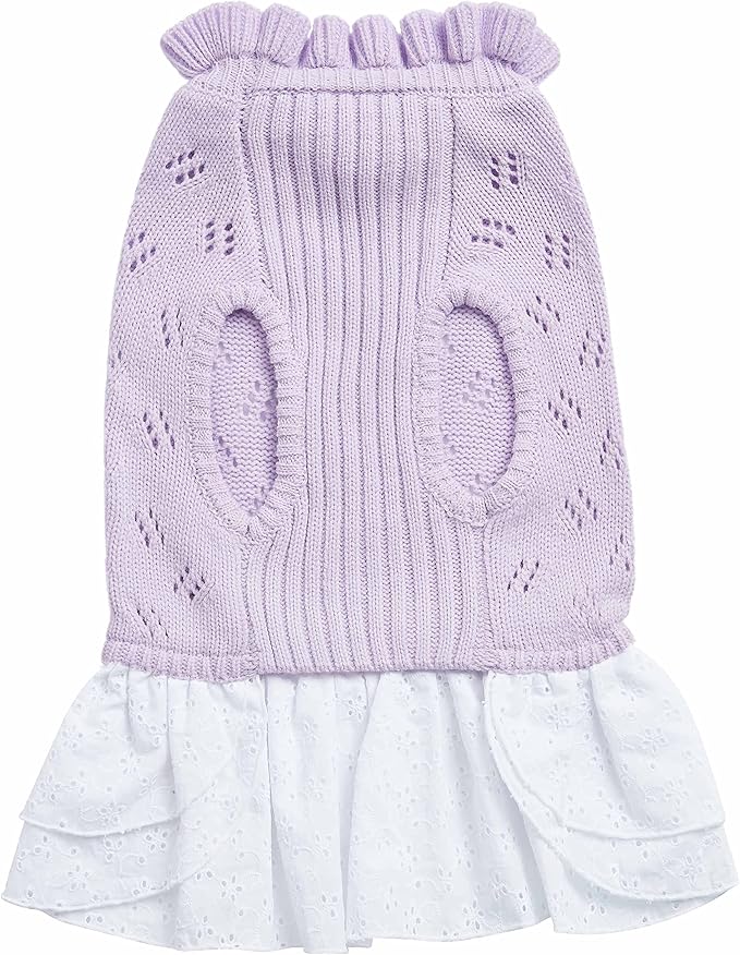 Blueberry Pet My Cutie Princess Ruffle Collar Dog Sweater Dress with Guipure Lace, Light Lavender, Back Length 12", Fall Winter Clothes for Girl Dogs