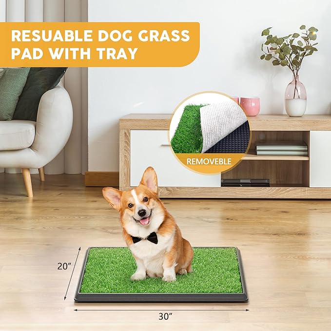 Indoor Dog Potty Grass with Tray Large, Reusable Dog Pee Grass Pad with Tray, Artificial Grass Turf for Puppy Potty Training, Outdoor Portable Pet Loo Toilet, 3-Layer System, 30" × 20"