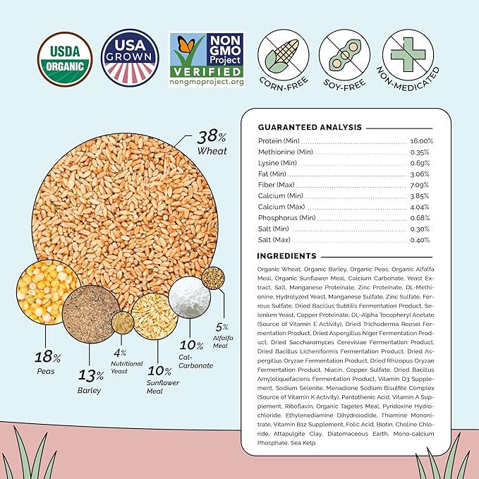 Mile Four Organic Chicken Feed – Layer Mash, Non-GMO, USA Grown, 16% Protein, Corn-Free, Soy-Free, Non-Medicated Feed for Chickens, 2 lbs Sample