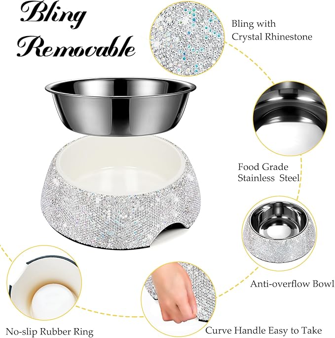 SlowVibes Bling Stainless Steel Dog Bowls,12oz Detachable Rhinestone Metal Food Water Bowl for Feeding Dogs Cats,Rust Resistant Non-Slip Puppy Dish,Sparkle Essentials for Small Medium Large Girl Pets