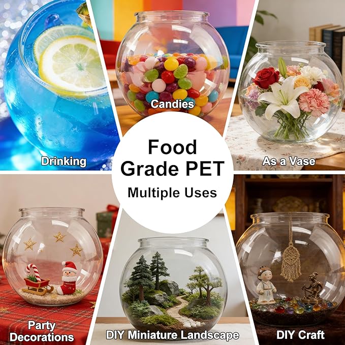 DARENYI Plastic Goldfish Fish Bowl Drum Round Crystal Clear Aquarium Fish Tank Starter Kits with 1 Artificial Aquatic Plant and 1 Bag Mini Ornamental Stones (0.72Gallon/ 2.75L)