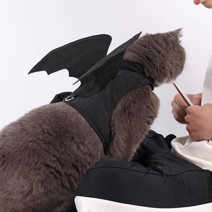Batwing Cat Costume with Leash Hook - Soft Felt Kitten Costume, Adjustable Cat Puppy Clothes for Cosplay Party Walks (M)