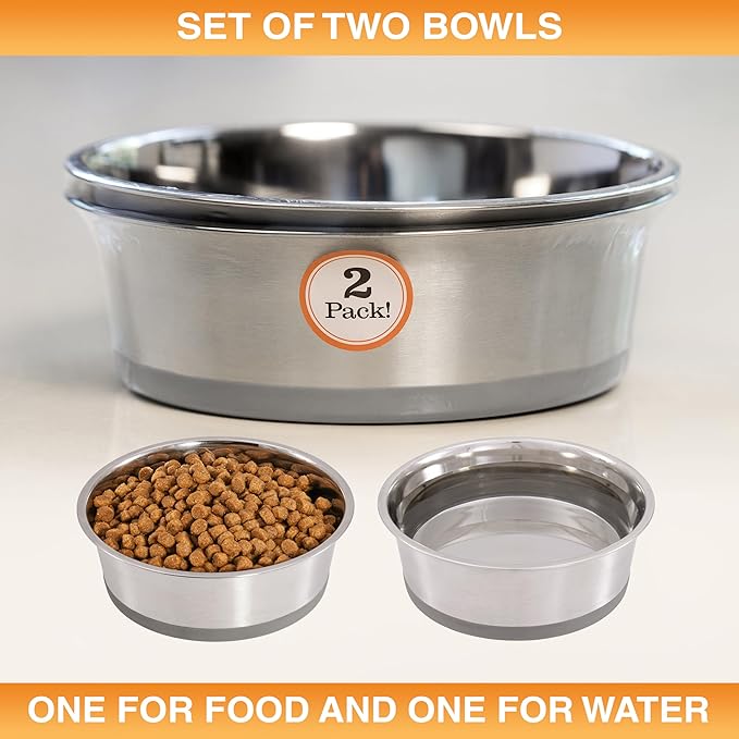 Neater Pet Brands Stainless Steel Dog Bowls with Non-Slip Rubber Bottom – Set of 2, 8 Cup (64 oz), Gray - Heavy Duty Metal Dog Bowl, Dishwasher Safe, Food or Water Bowl, Ideal for Large Dogs