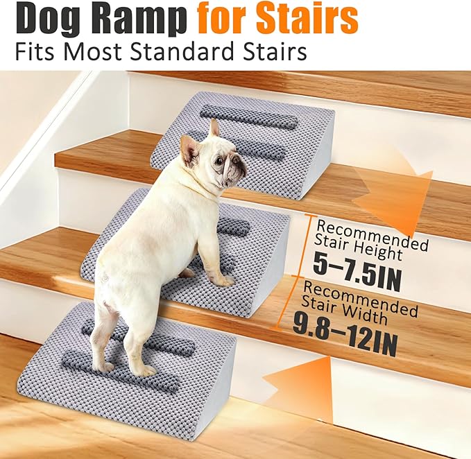 Dog Ramp for Stairs with Anti-Slip Bump for Small & Senior Dogs and Cats – Stair Wedges for Dogs with Gentle Slope, Pet Ramp with Washable Cover & Self-Sticky Pads for Safe Climbing (Gray, 6 Pack)
