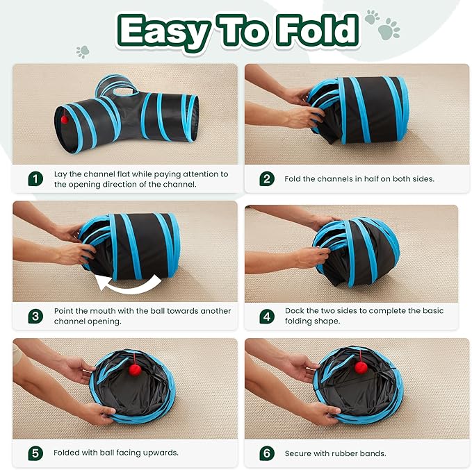 Love’s Cabin Cat Tunnel for Indoor Cats, 3-Way Collapsible Play Tunnel with Teaser Wand, Peek Holes & Toy Ball, Small Pet Toy for Kittens & Rabbits, Black & Blue, Small Size