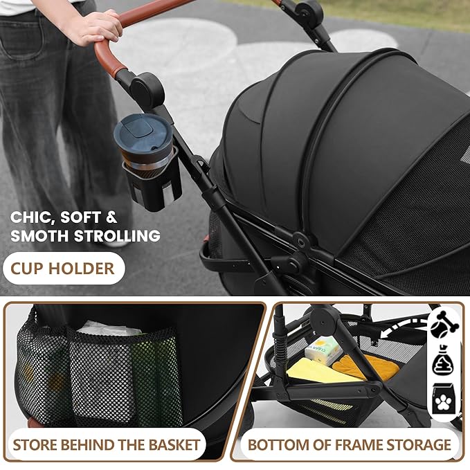 Pet Stroller for Medium Dogs, Smooth-Ride Dog Stroller with Detachable Carrier, Rubber Wheels, Car Seat Combo 3-in-1, Up to 50 lbs, for Senior Dogs & Cats, Black