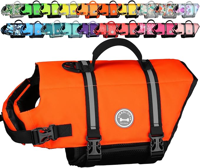 VIVAGLORY Rip Stop Dog Life Vest, Swimming Vest with Handle, Buoyancy for Doggy Puppy, Dog Life Jacket for Swimming & Boating, XXS, Bright Orange