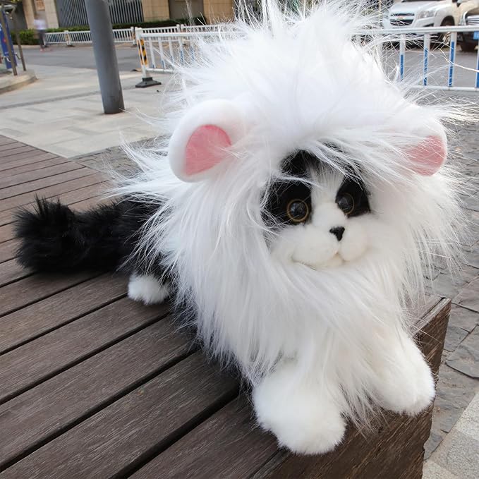 Lion Mane Wig for Cat, Funny Pet Cat & Puppy Costumes for Halloween & Christmas, Funny Pet Clothing Accessories (Medium, White & Pink)