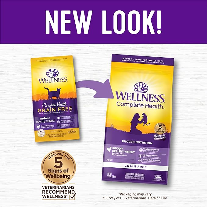 Wellness Complete Health Adult Dry Cat Food for Indoor Cats, Grain Free, Natural, Healthy Weight Chicken & Turkey Meal (5.5 Pound Bag)