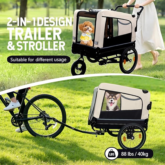 Extra Large Dog Bike Trailer, 2-in-1 Convertible Pet Stroller Cart Bicycle Carrier with Swivel Wheels & Universal Hitch, Foldable Pet/Cargo Carrier for Bicycles Camping Hiking