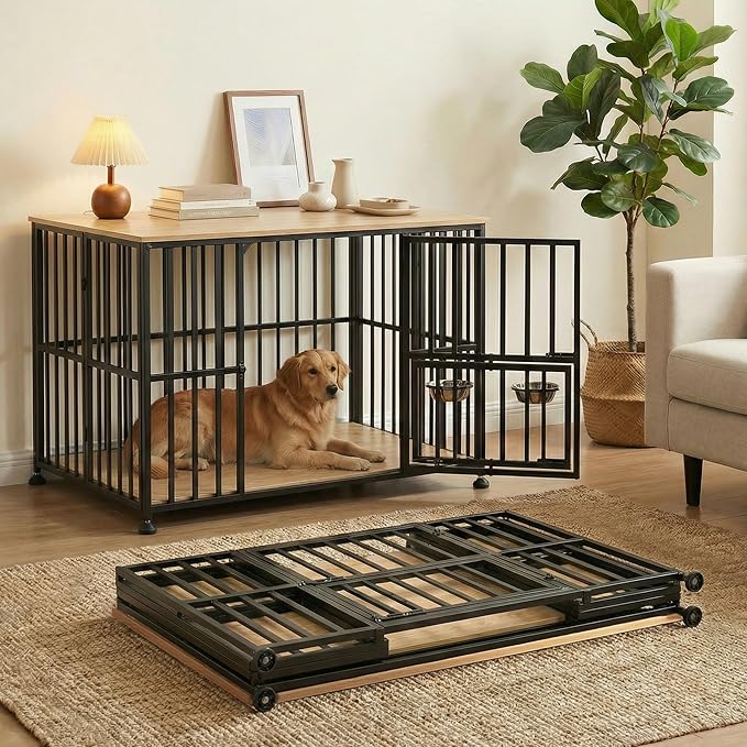 48" Dog Crate Furniture Foldable, Large Dog Kennel Furniture with Swing-Out Bowl & Dual Base Sets (Feet+Wheel), No Assembly Foldable Dog Crate Furniture, End Table for Large Dogs, Warm Gray