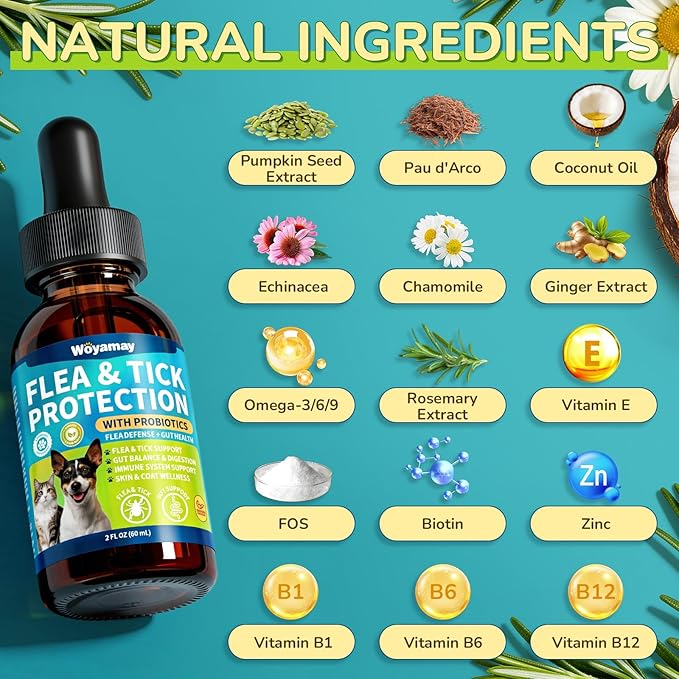 Flea Defense + Probiotic Support Drops, Natural Flea and Tick Prevention for Dogs and Cats, Cat & Dog Flea Treatment & Probiotics Drop, Dual-Function Flea Prevention Drops, Chicken Flavor