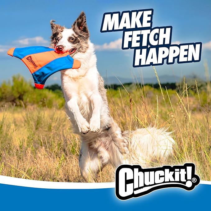 Chuckit! Flying Squirrel Fetch Dog Toy - Water Floating Flyer - Soft and Durable Polyester Canvas Construction - For Small Dogs - Size Small - 8.25-inch Diameter - Pack of 1 - Orange and Blue